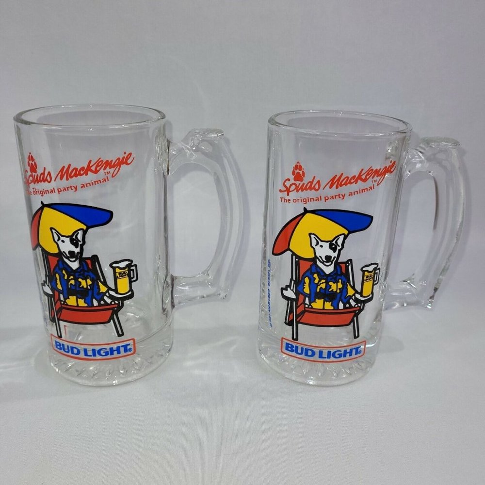 Bud Light Spuds Mackenzie Set 2 Vintage 1980s Mug 6" Clear Glass Drink Beer Cup